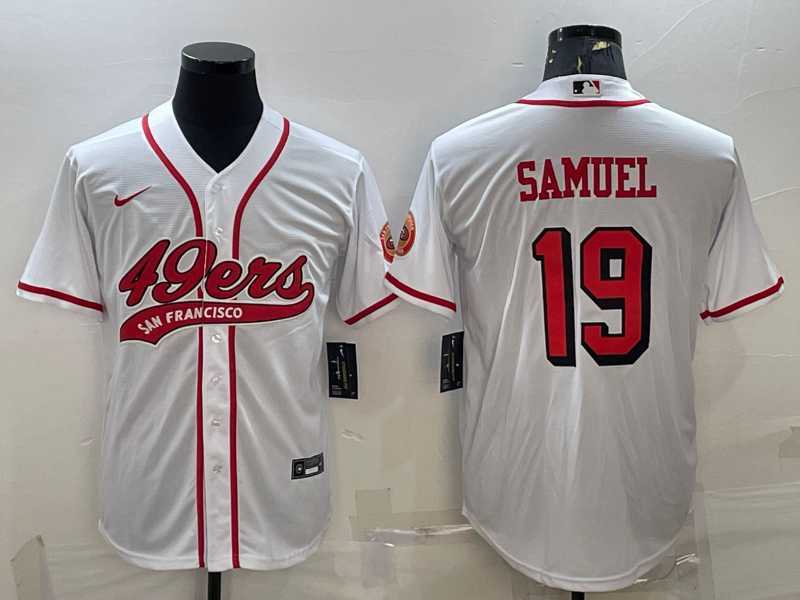 Men%27s San Francisco 49ers #19 Deebo Samuel New White With Patch Cool Base Stitched Baseball Jersey